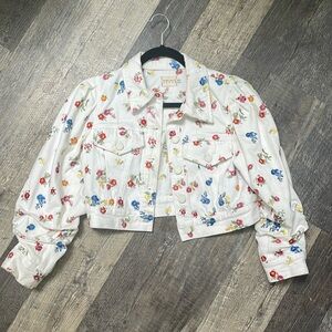 Alice and Olivia cropped white jean jacket with embroidered flowers floral